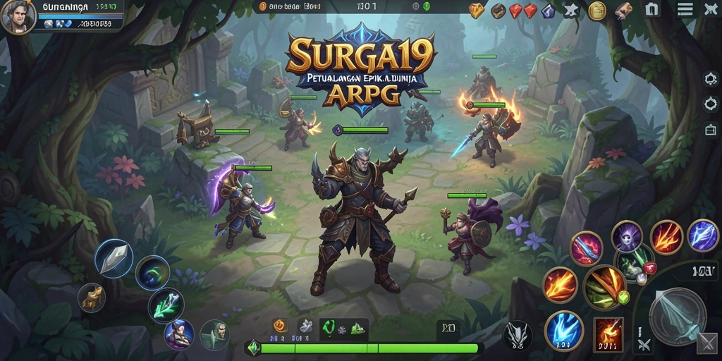 Screenshot utama SURGA19 menampilkan aksi pertempuran yang seru dalam dunia ARPG.