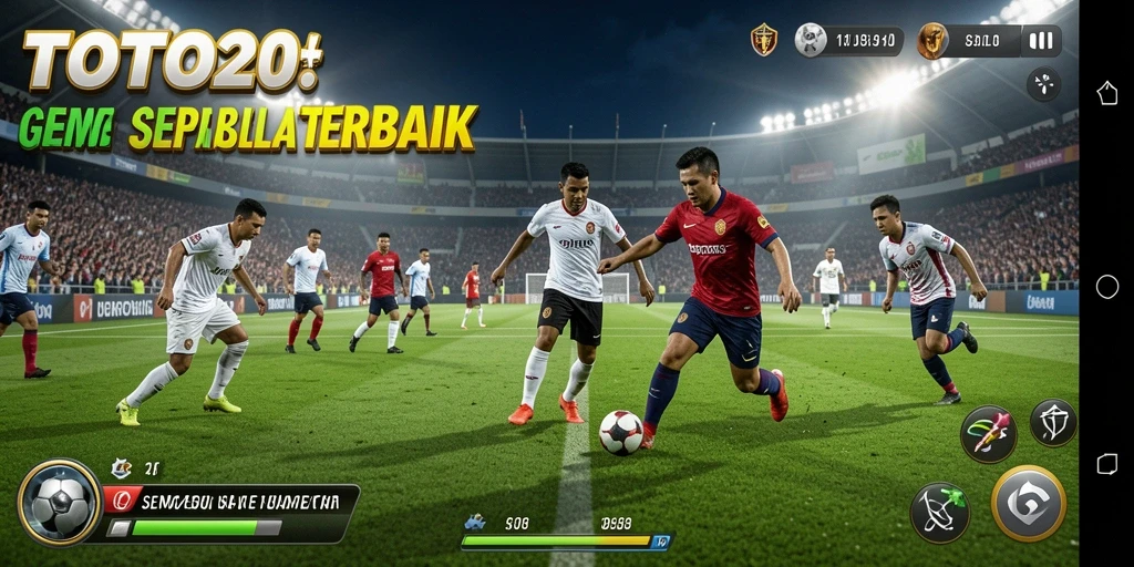 Screenshot gameplay TOTO20 menampilkan aksi seru di lapangan sepak bola.